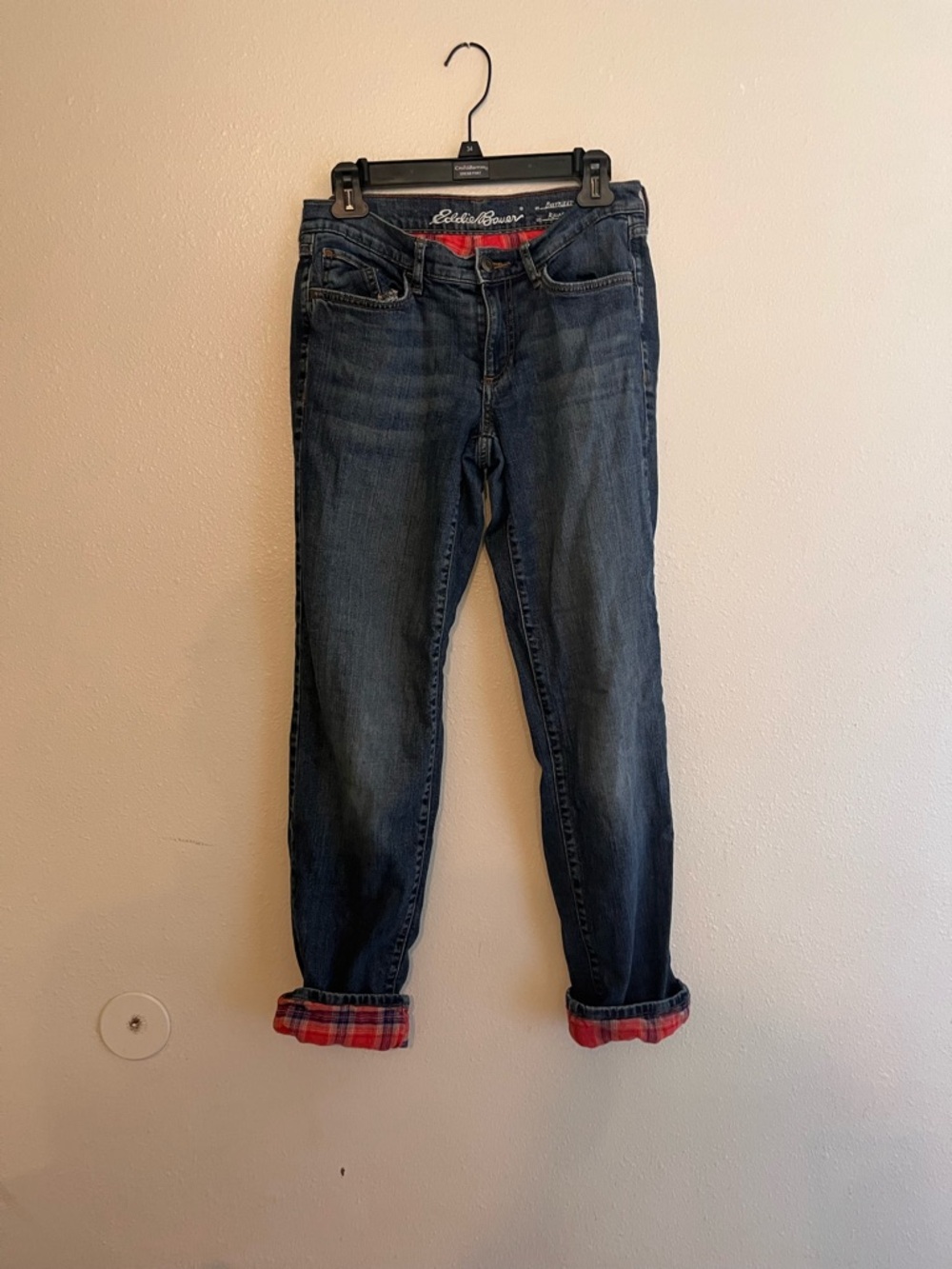 Eddie Bauer Women's Blue Boyfriend Jeans with Red Plaid Flannel Lining